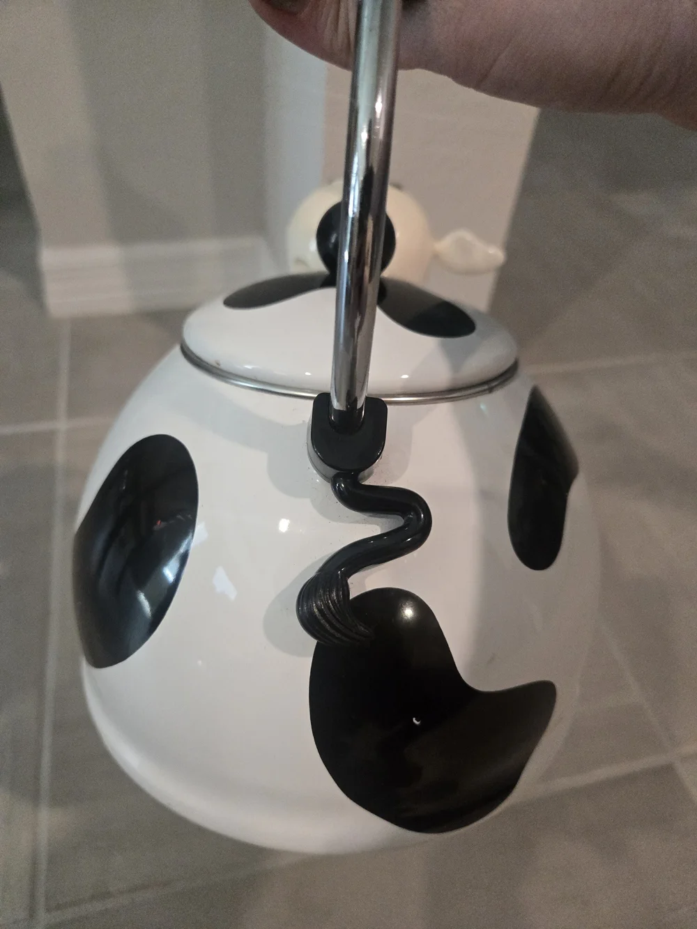 vintage M. Kamenstein black-and-white cow whistling tea kettle